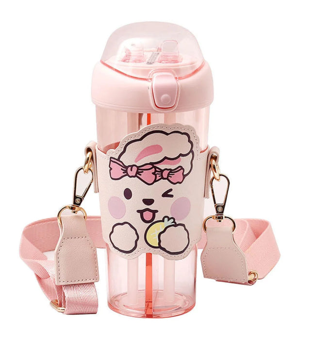 JoySip Buddy Kids Cute Double Compartment Leakproof Water Cup Bottle- 530ml (Pink)